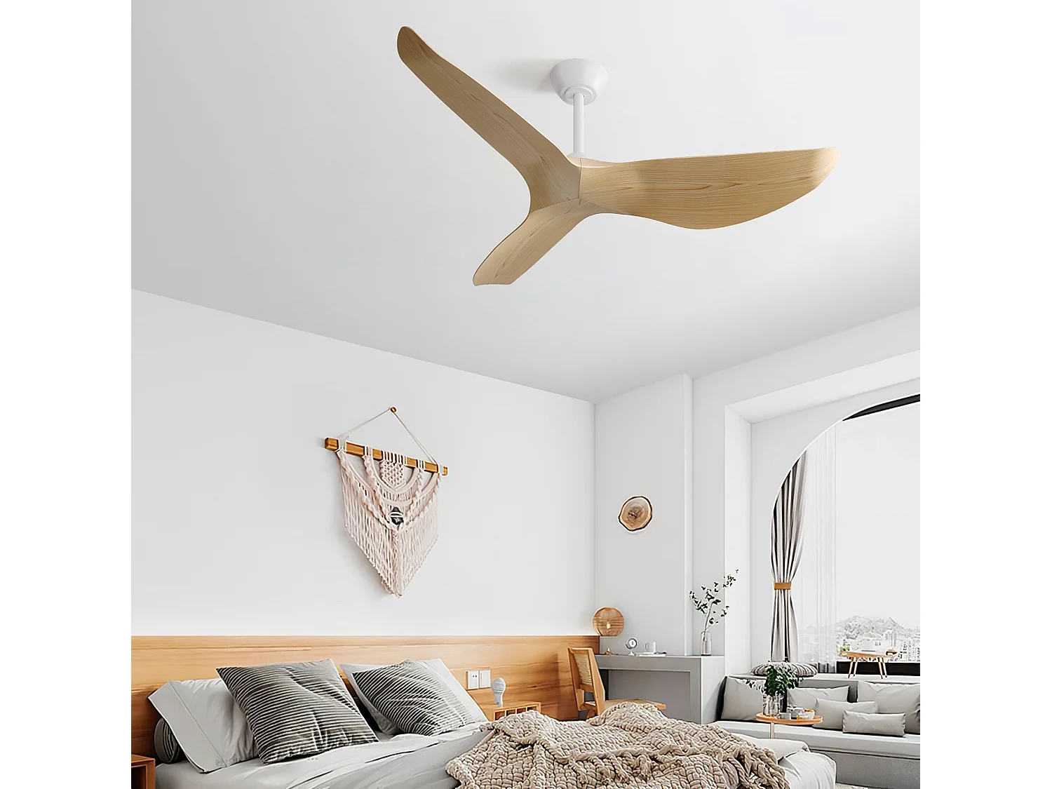 Ventilateur de plafond 132cm 3 pales courbées avec télécommande 6 vitesses et timer, Moteur DC réversible, naturel clair