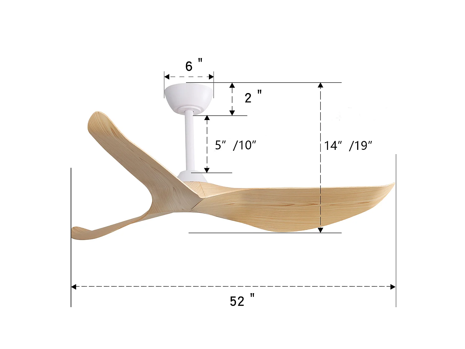 Ventilateur de plafond 132cm 3 pales courbées avec télécommande 6 vitesses et timer, Moteur DC réversible, naturel clair