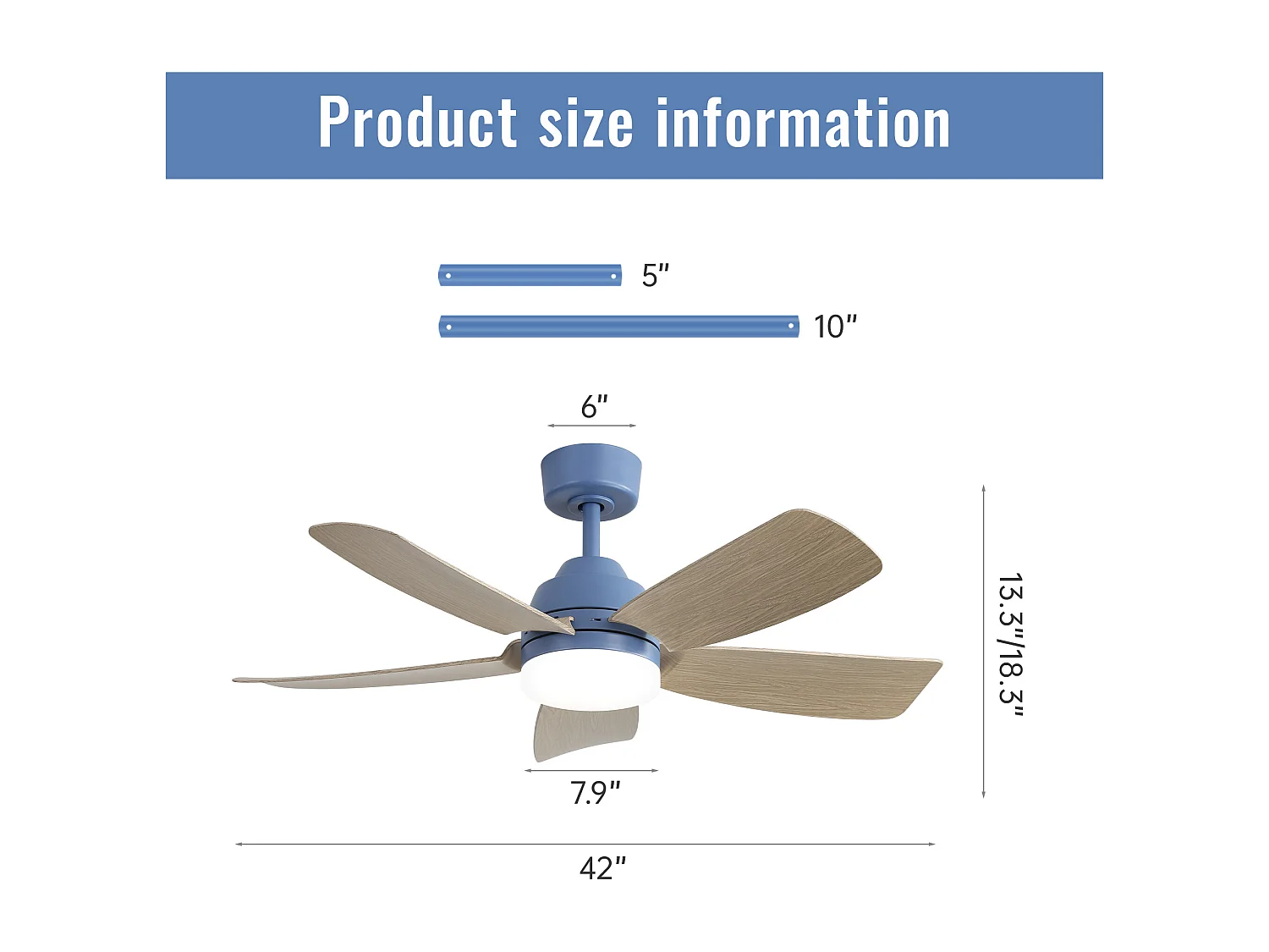 Ventilateur de plafond 106.6cm 5 pales avec LED, 6 vitesses, Moteur DC réversible, bleu