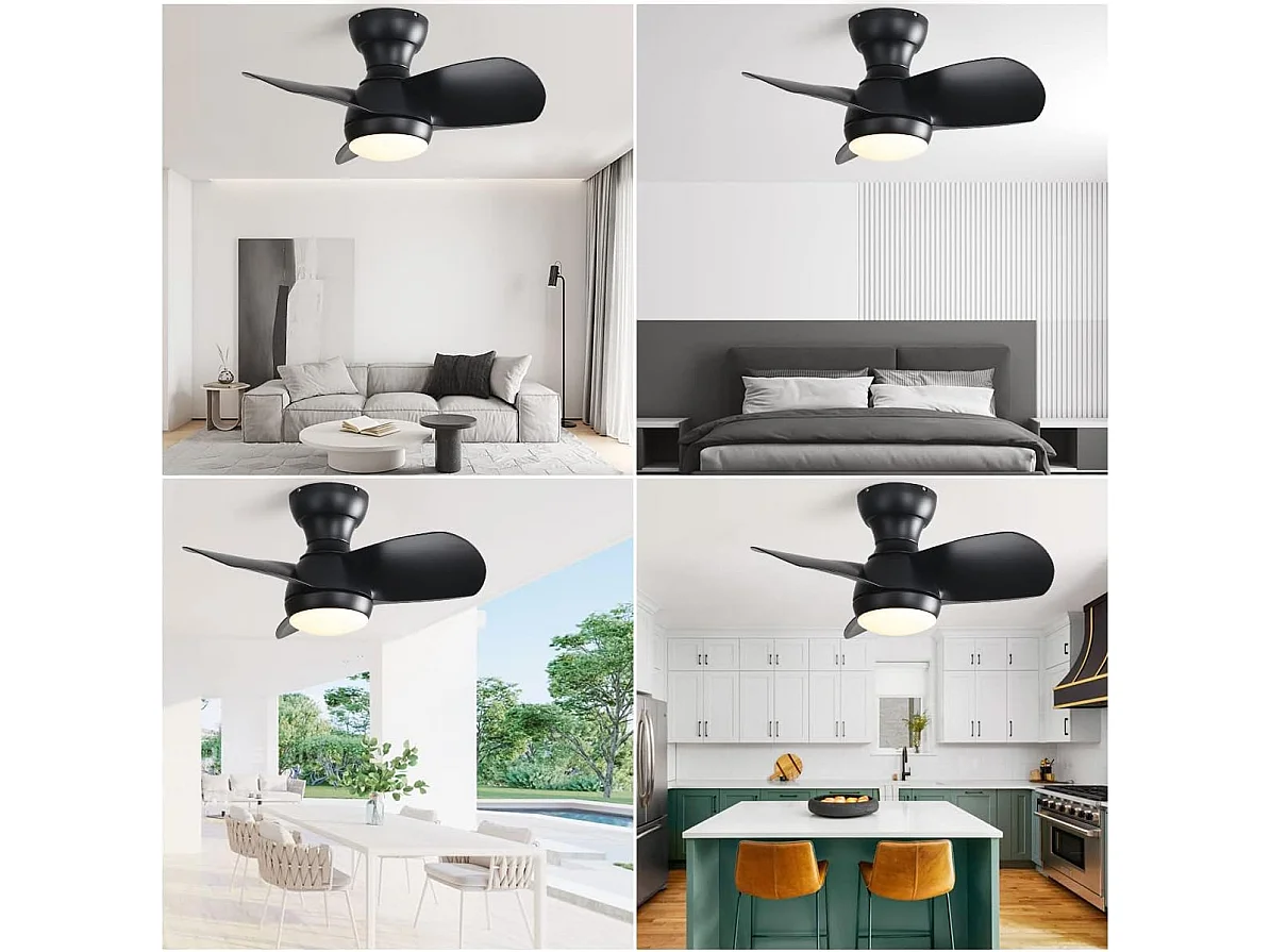 Ventilateur de plafond 58.4cm 3 pales avec éclairage réglable, 6 vitesses, timer, Moteur DC réversible, noir