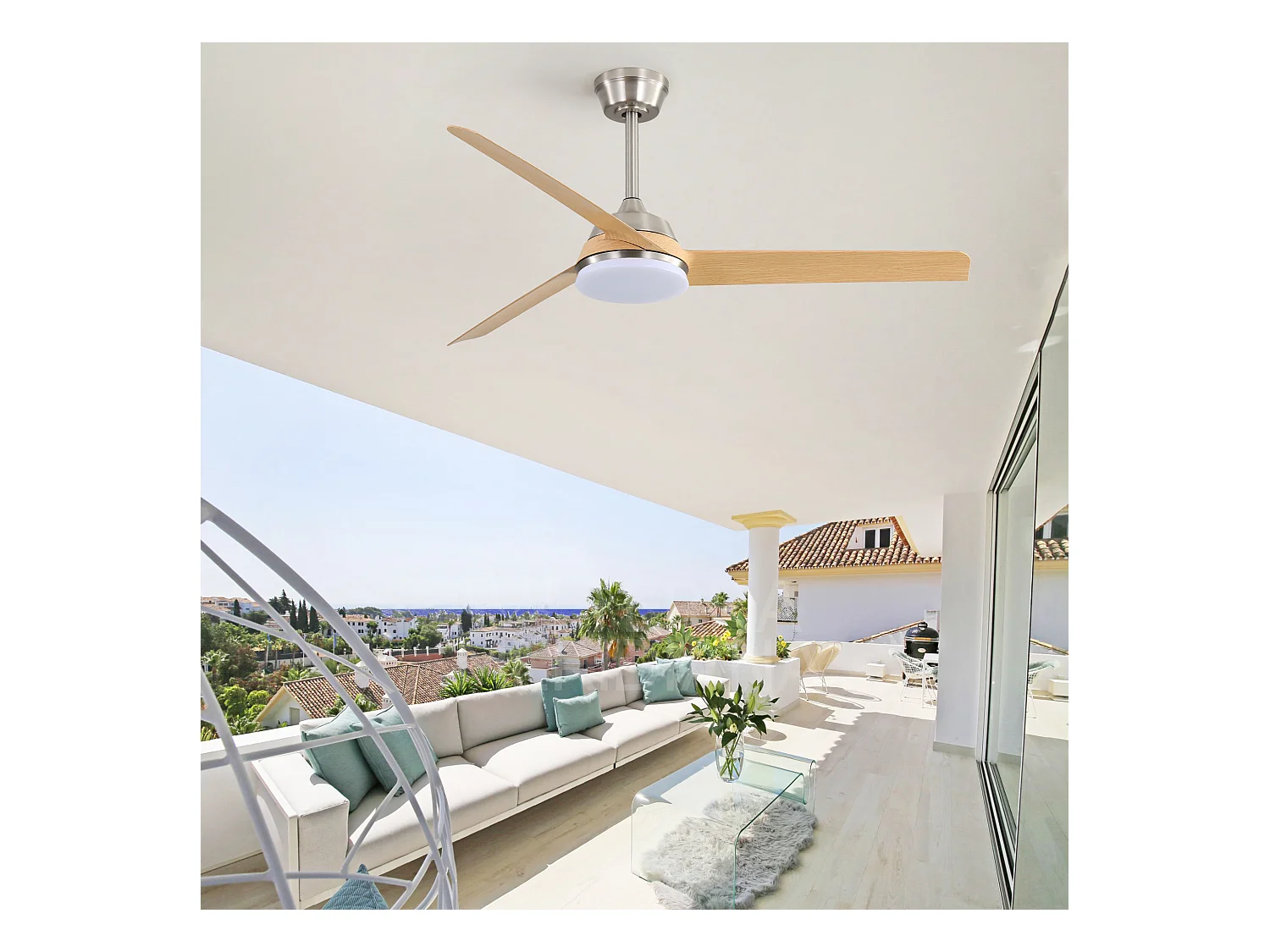 Ventilateur de plafond 132cm 3 pales en placage bois naturel avec LED, 6 vitesses et timer, Moteur DC réversible, Argenté