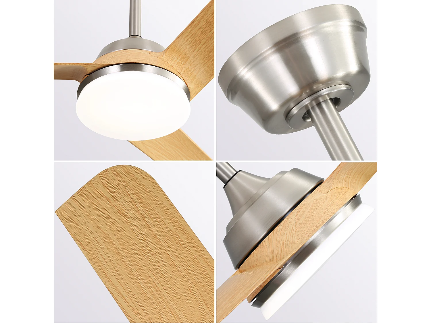 Ventilateur de plafond 132cm 3 pales en placage bois naturel avec LED, 6 vitesses et timer, Moteur DC réversible, Argenté