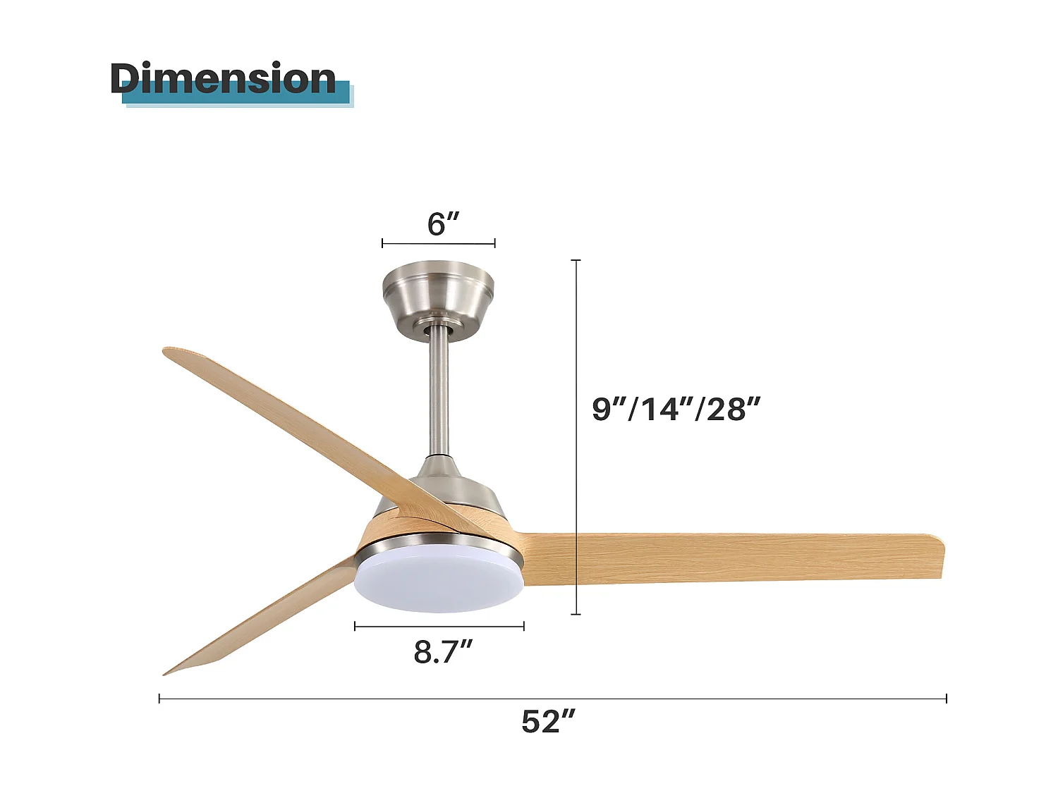Ventilateur de plafond 132cm 3 pales en placage bois naturel avec LED, 6 vitesses et timer, Moteur DC réversible, Argenté