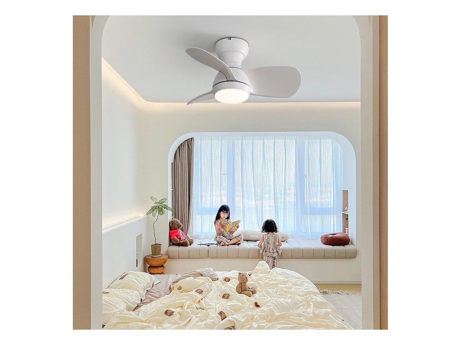 Ventilador de teto de 3 pás de 58,4 cm com iluminação ajustável, 6 velocidades, temporizador, motor DC reversível, branco