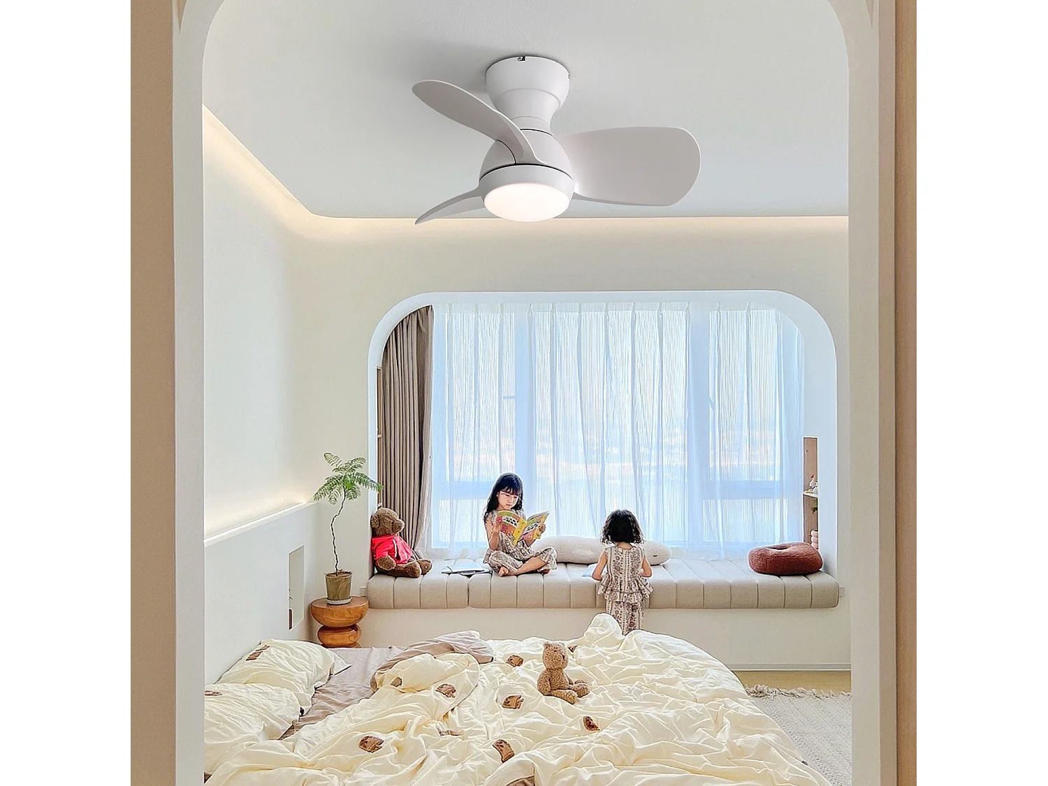 Ventilateur de plafond 58.4cm 3 pales avec éclairage réglable, 6 vitesses, timer, Moteur DC réversible, blanc