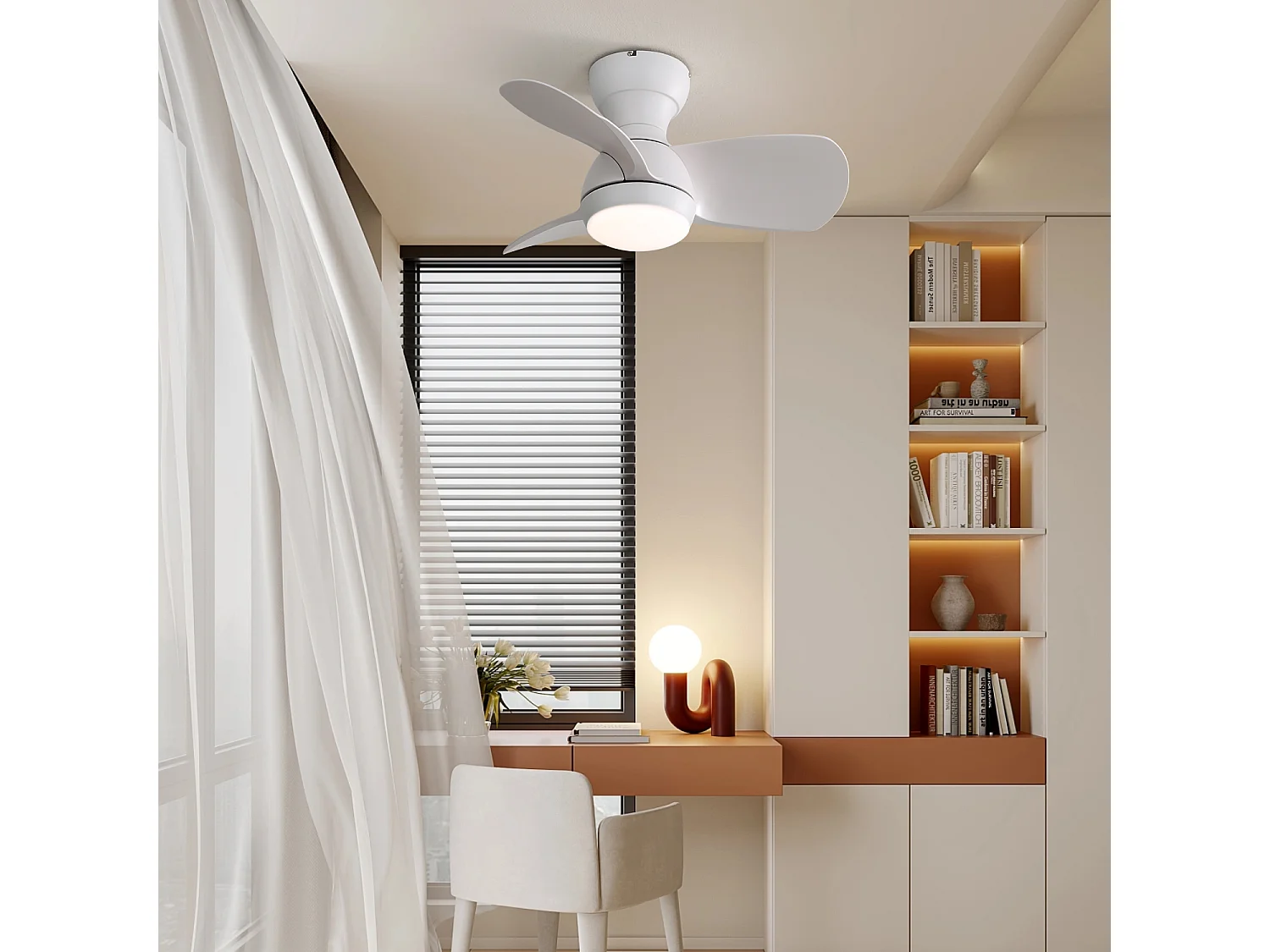 Ventilateur de plafond 58.4cm 3 pales avec éclairage réglable, 6 vitesses, timer, Moteur DC réversible, blanc