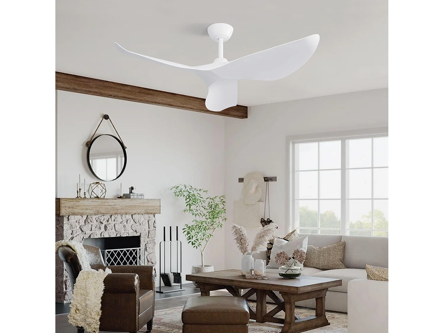 Ventilateur de plafond 96.5cm 3 pales avec télécommande 6 vitesses et timer réglable, Moteur DC réversible, blanc