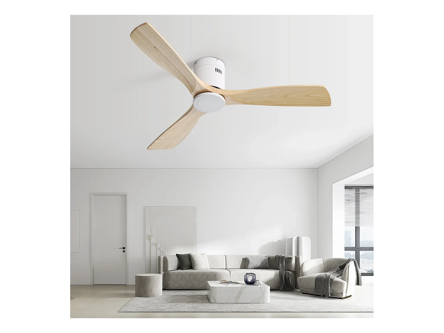 Ventilador de techo de 132 cm, 3 aspas de madera, 6 velocidades y temporizador, motor CC reversible, luz natural