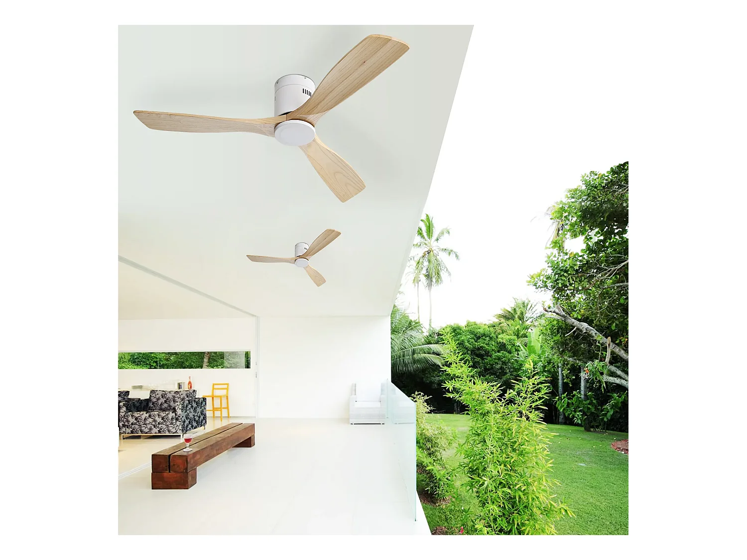 Ventilador de techo de 132 cm, 3 aspas de madera, 6 velocidades y temporizador, motor CC reversible, luz natural