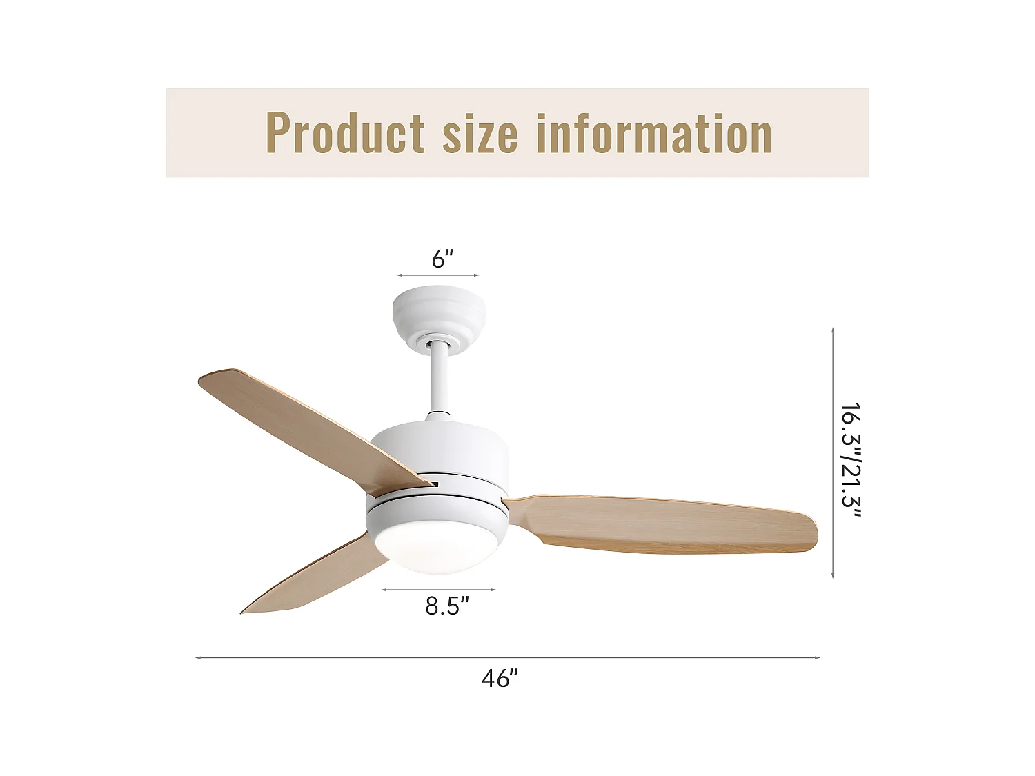 Ventilatore da soffitto da 116,8 cm con 3 pale in ABS e LED, 6 velocità, motore DC reversibile, luce naturale