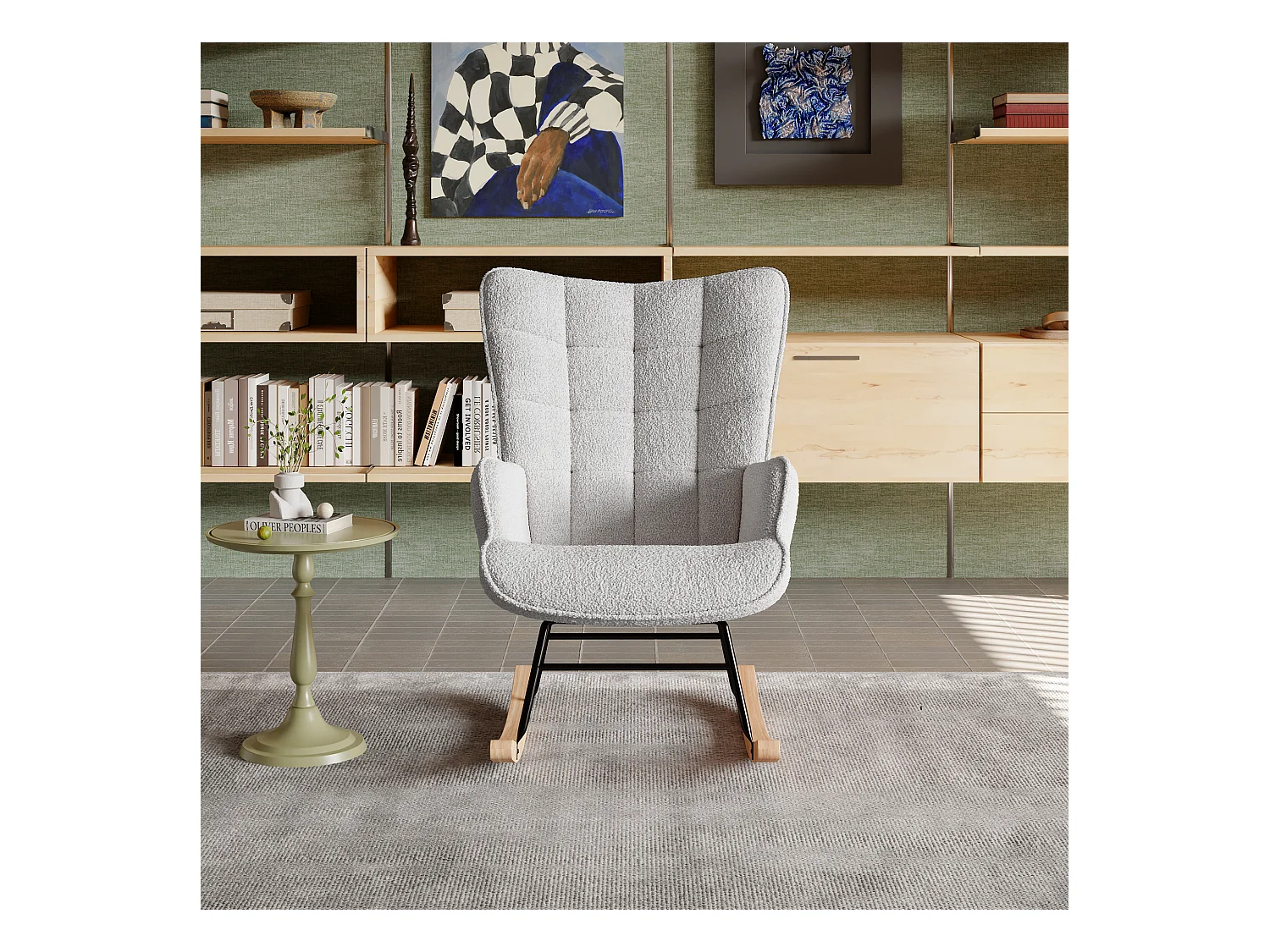 Fauteuil à bascule en peluche Teddy, fauteuil de lecture rembourré, dossier à carreaux, Gris clair