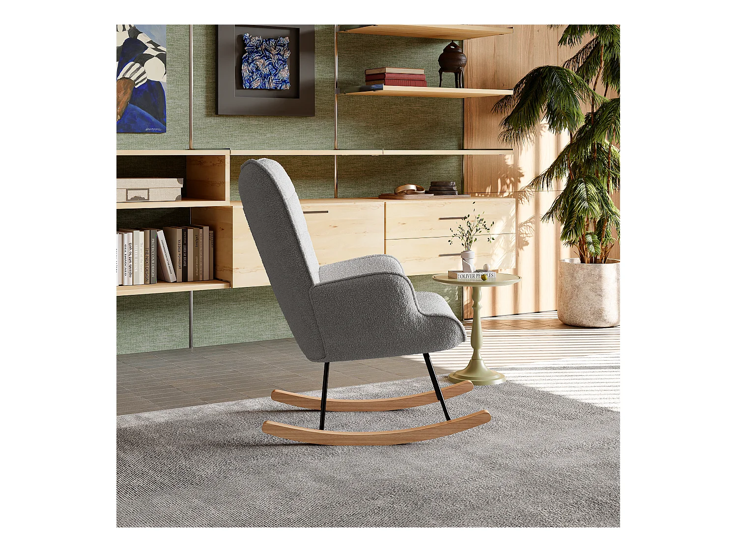 Fauteuil à bascule en peluche Teddy, fauteuil de lecture rembourré, dossier à carreaux, Gris clair