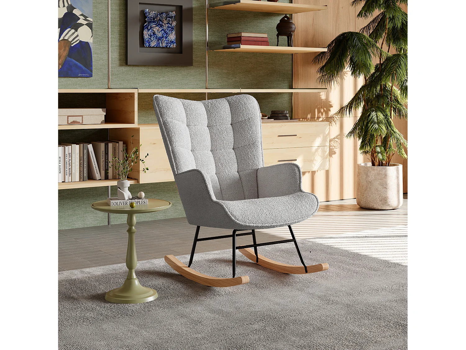 Fauteuil à bascule en peluche Teddy, fauteuil de lecture rembourré, dossier à carreaux, Gris clair