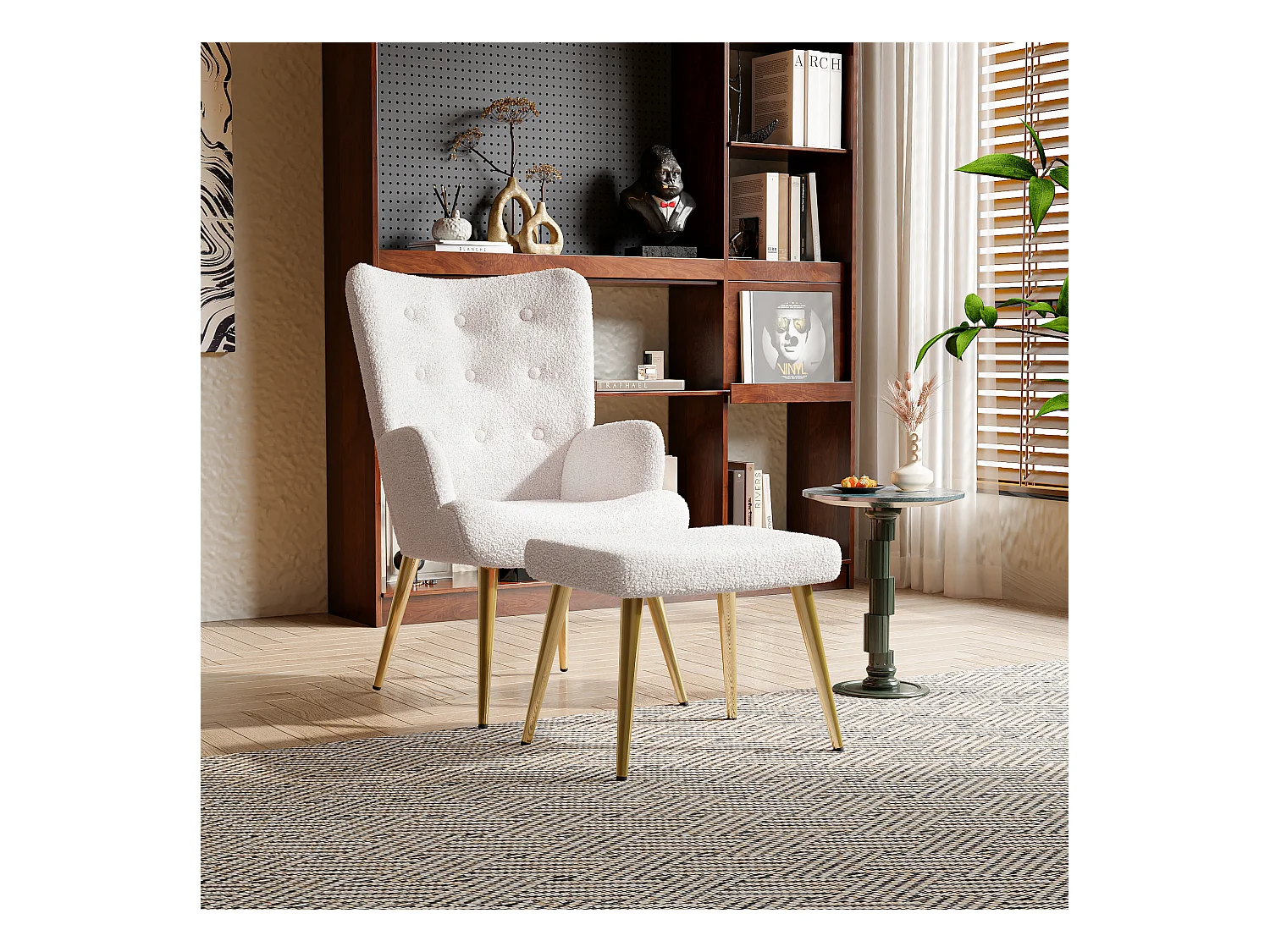 Fauteuil avec Repose-Pieds, Pieds en Bois Massif, Construction Hybride contreplaqué-métal, Beige