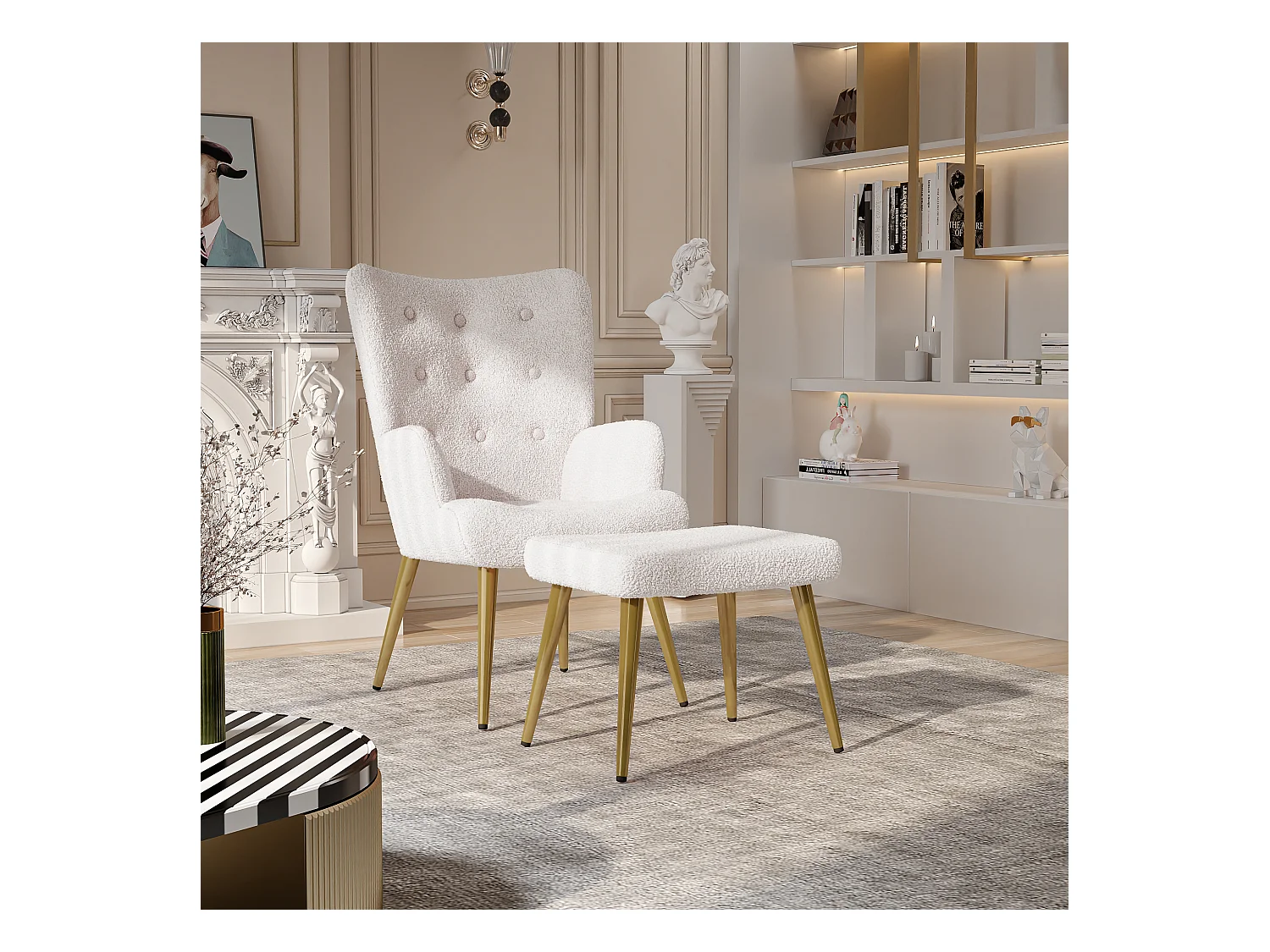 Fauteuil avec Repose-Pieds, Pieds en Bois Massif, Construction Hybride contreplaqué-métal, Beige
