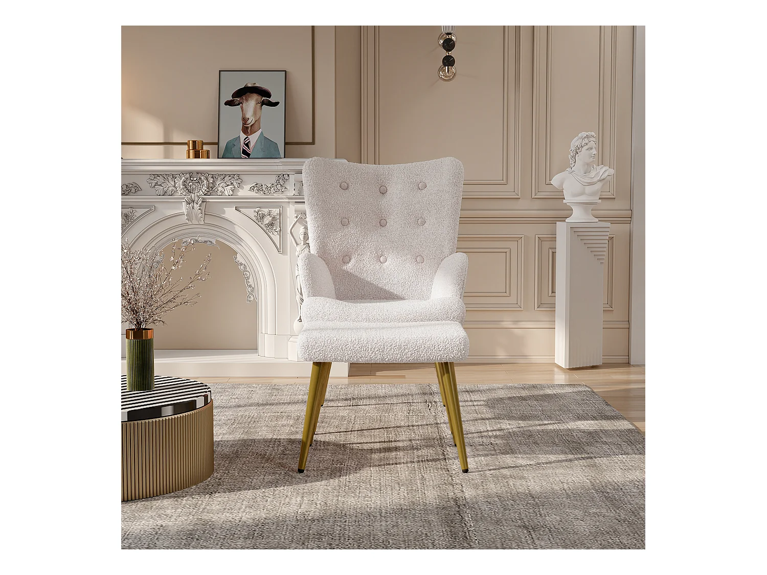 Fauteuil avec Repose-Pieds, Pieds en Bois Massif, Construction Hybride contreplaqué-métal, Beige
