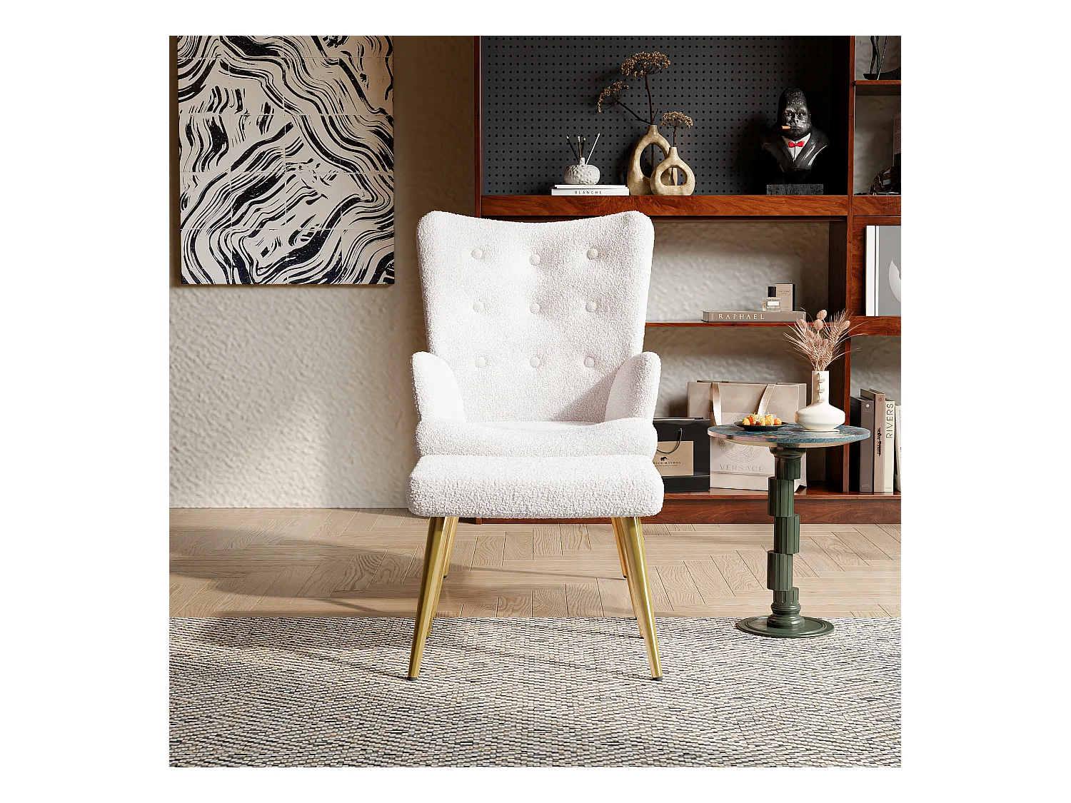 Sillón con reposapiés, patas de madera maciza, construcción híbrida de contrachapado y metal, color beige