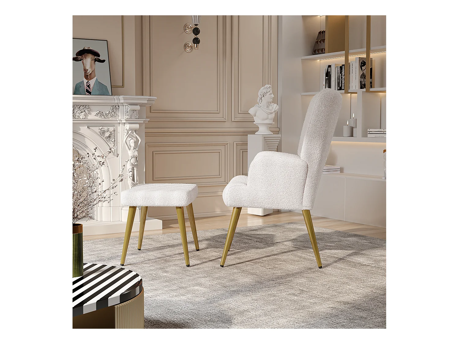 Sillón con reposapiés, patas de madera maciza, construcción híbrida de contrachapado y metal, color beige