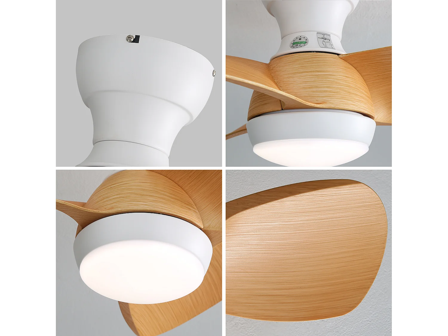 Ventilateur de plafond 58.4cm 3 pales avec éclairage réglable, 6 vitesses, timer, Moteur DC réversible, naturel