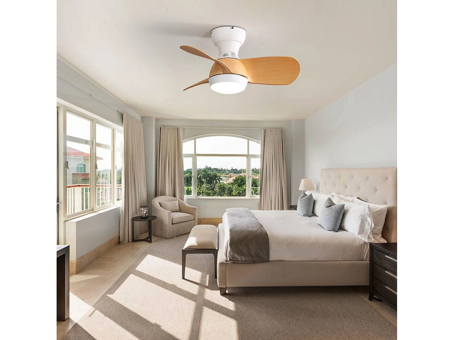 Ventilateur de plafond 58.4cm 3 pales avec éclairage réglable, 6 vitesses, timer, Moteur DC réversible, naturel