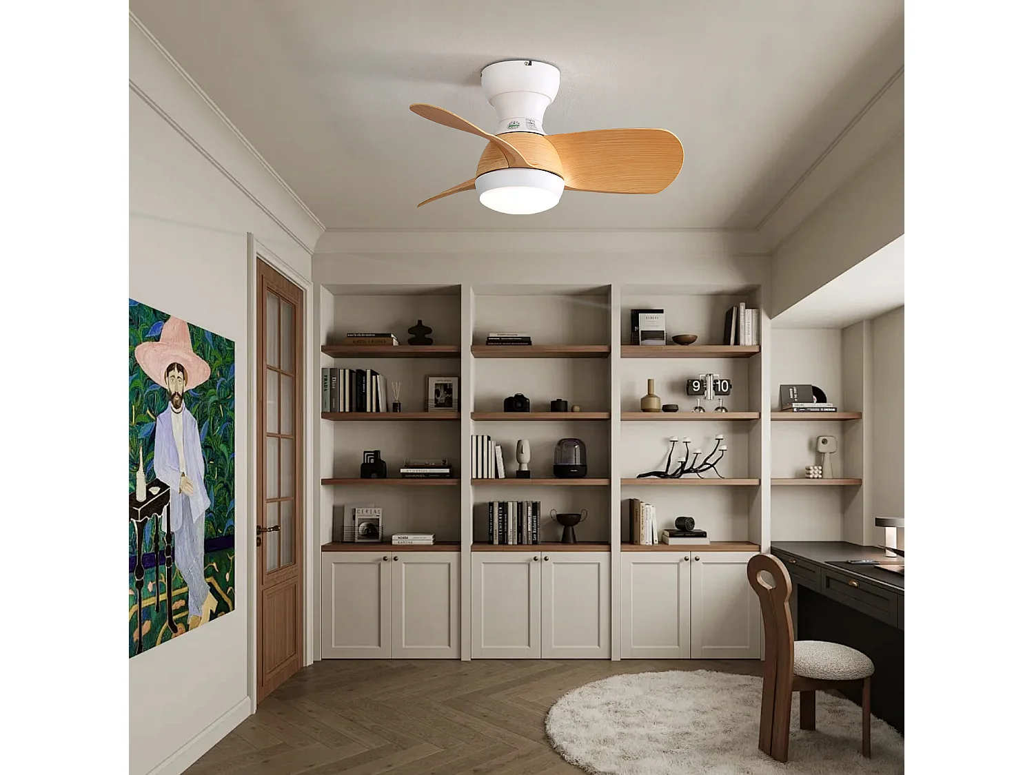 Ventilateur de plafond 58.4cm 3 pales avec éclairage réglable, 6 vitesses, timer, Moteur DC réversible, naturel