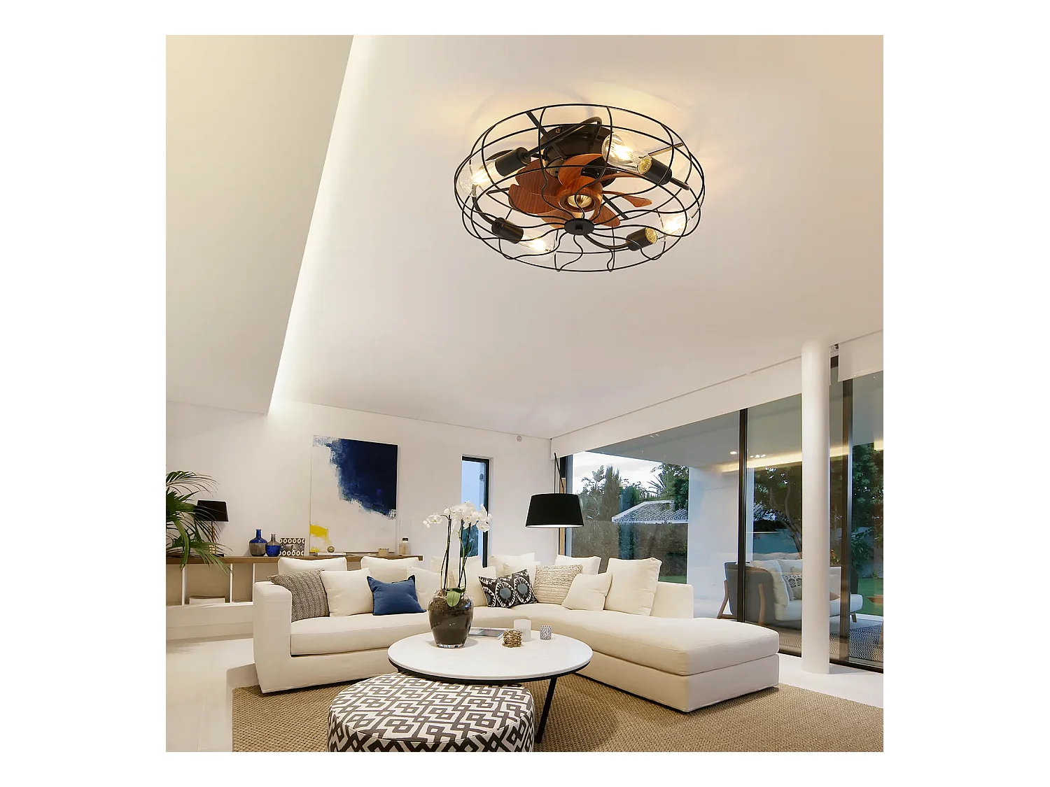 Ventilateur de plafond 50.8cm 7 pales avec 4 lampes et télécommande, Moteur DC réversible, noir et marron