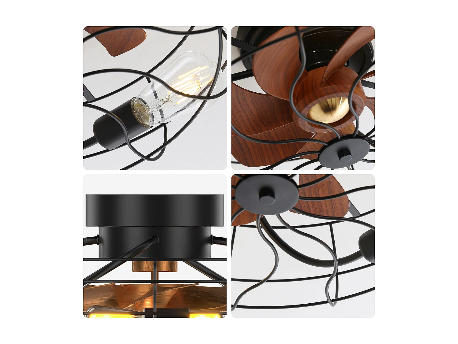 Ventilateur de plafond 50.8cm 7 pales avec 4 lampes et télécommande, Moteur DC réversible, noir et marron