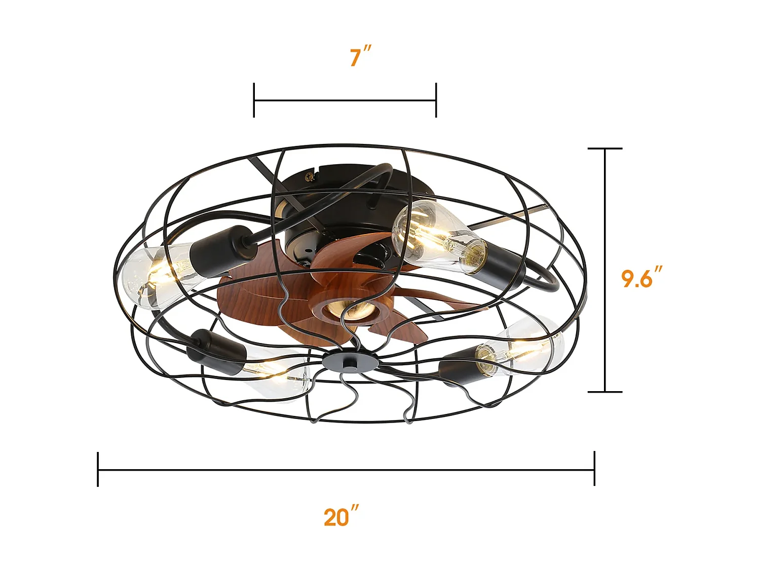 Ventilateur de plafond 50.8cm 7 pales avec 4 lampes et télécommande, Moteur DC réversible, noir et marron