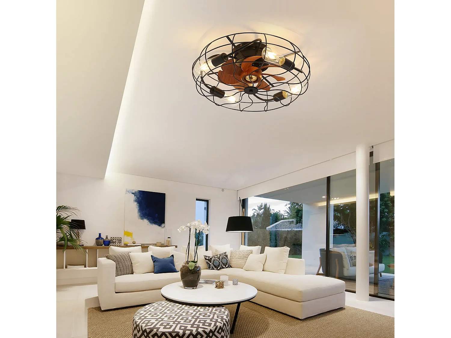 Ventilateur de plafond 50.8cm 7 pales avec 4 lampes et télécommande, Moteur DC réversible, noir et marron