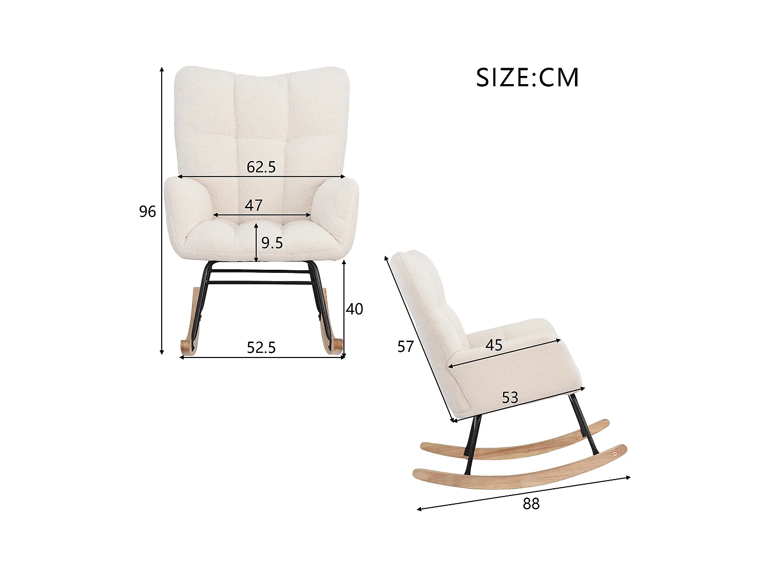 Fauteuil à bascule moderne en tissu effet laine teddy avec pieds en bois d'hévéa massif, beige