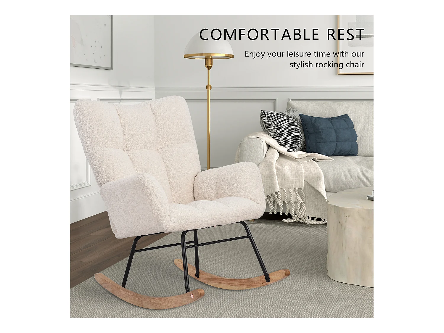 Fauteuil à bascule moderne en tissu effet laine teddy avec pieds en bois d'hévéa massif, beige