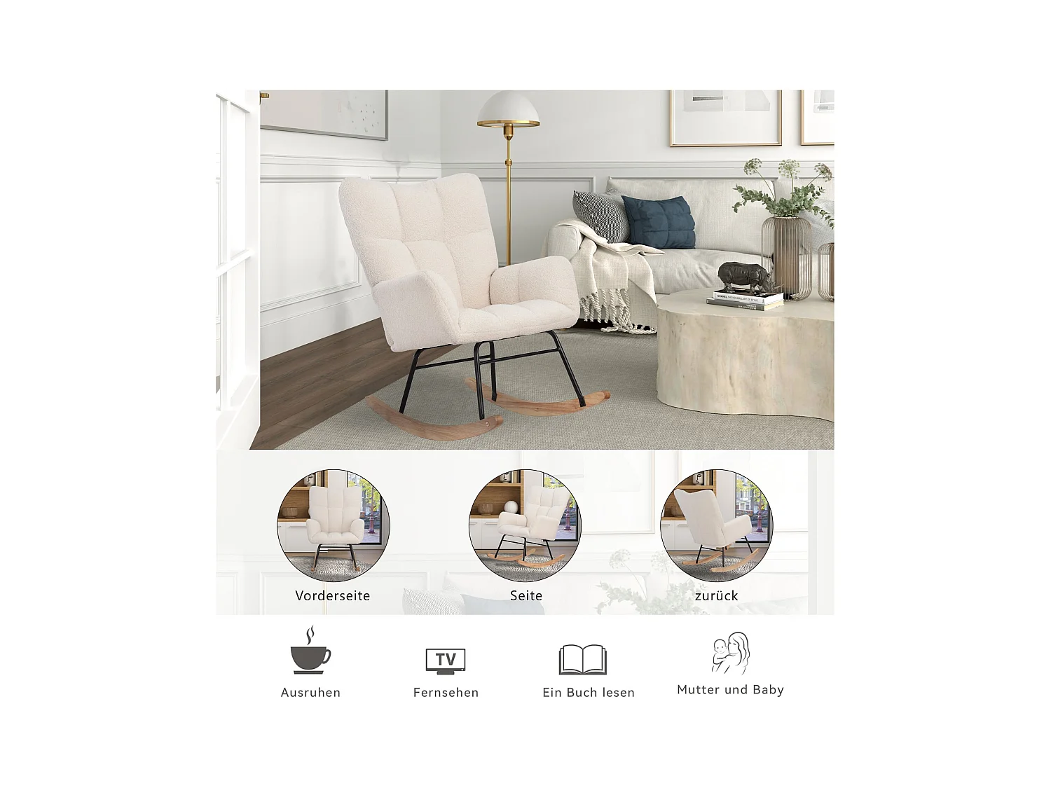 Fauteuil à bascule moderne en tissu effet laine teddy avec pieds en bois d'hévéa massif, beige