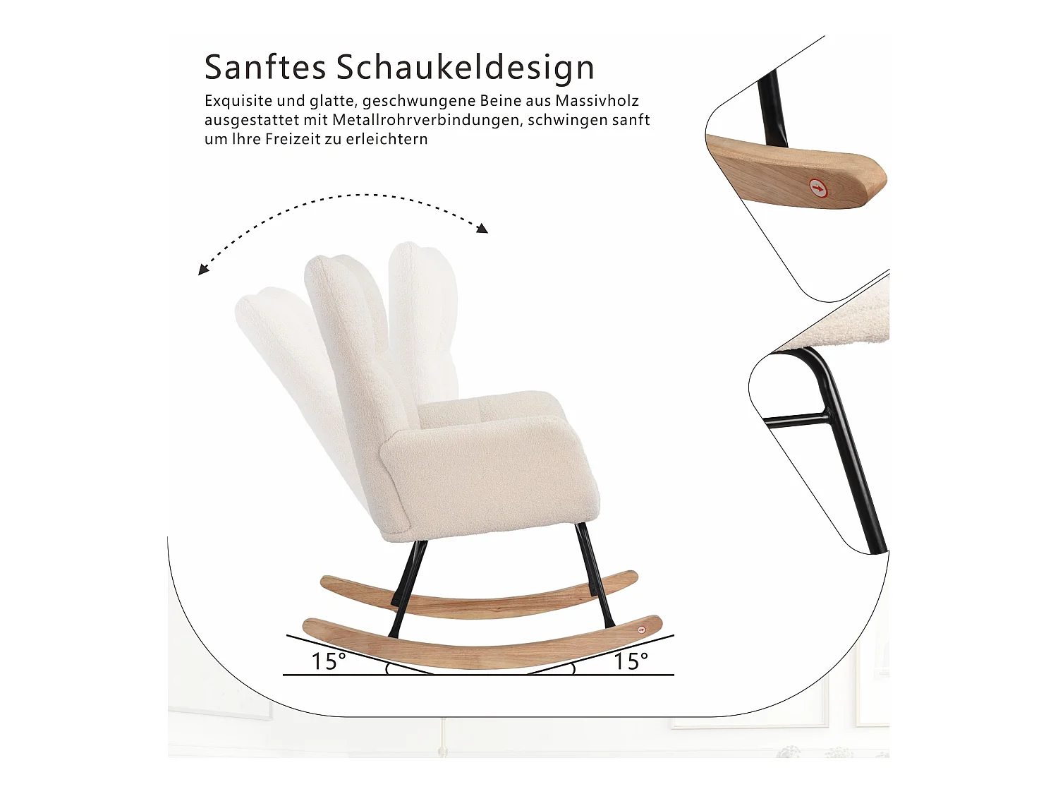 Fauteuil à bascule moderne en tissu effet laine teddy avec pieds en bois d'hévéa massif, beige