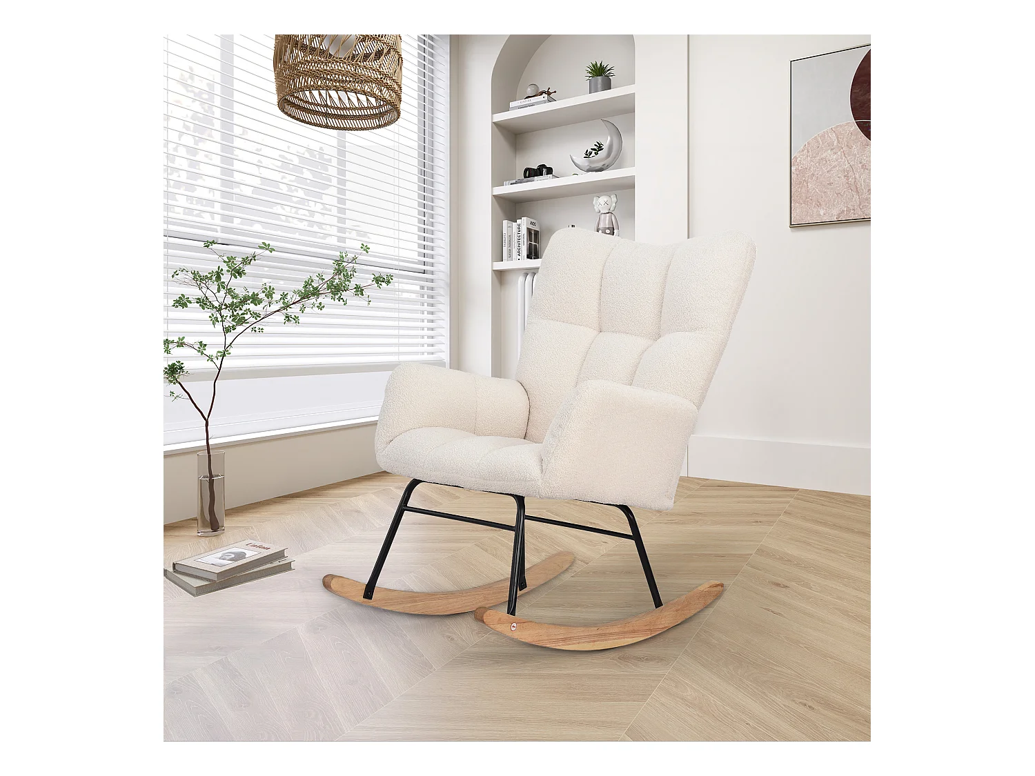 Fauteuil à bascule moderne en tissu effet laine teddy avec pieds en bois d'hévéa massif, beige