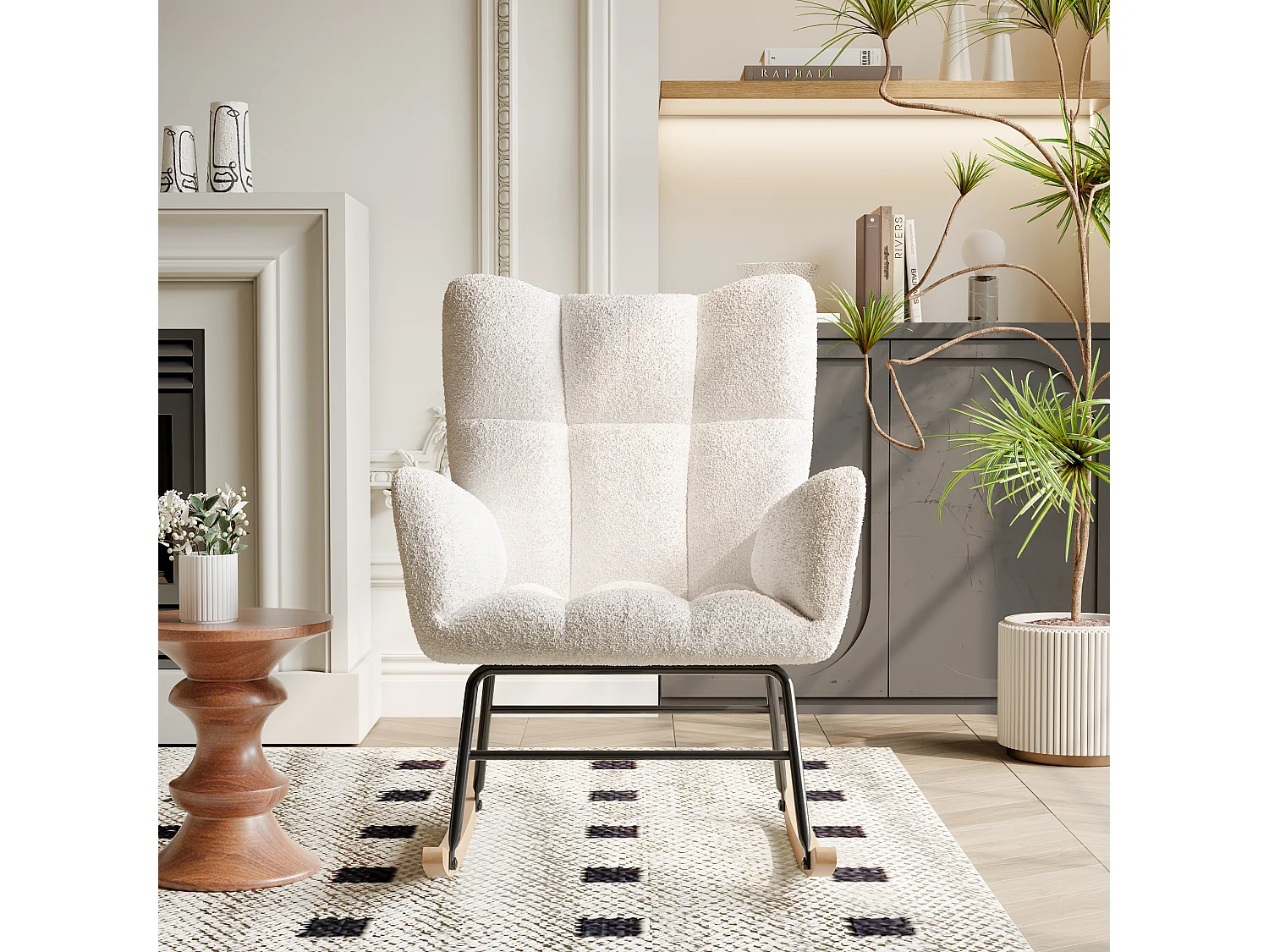 Fauteuil à bascule moderne en tissu effet laine teddy avec pieds en bois d'hévéa massif, beige