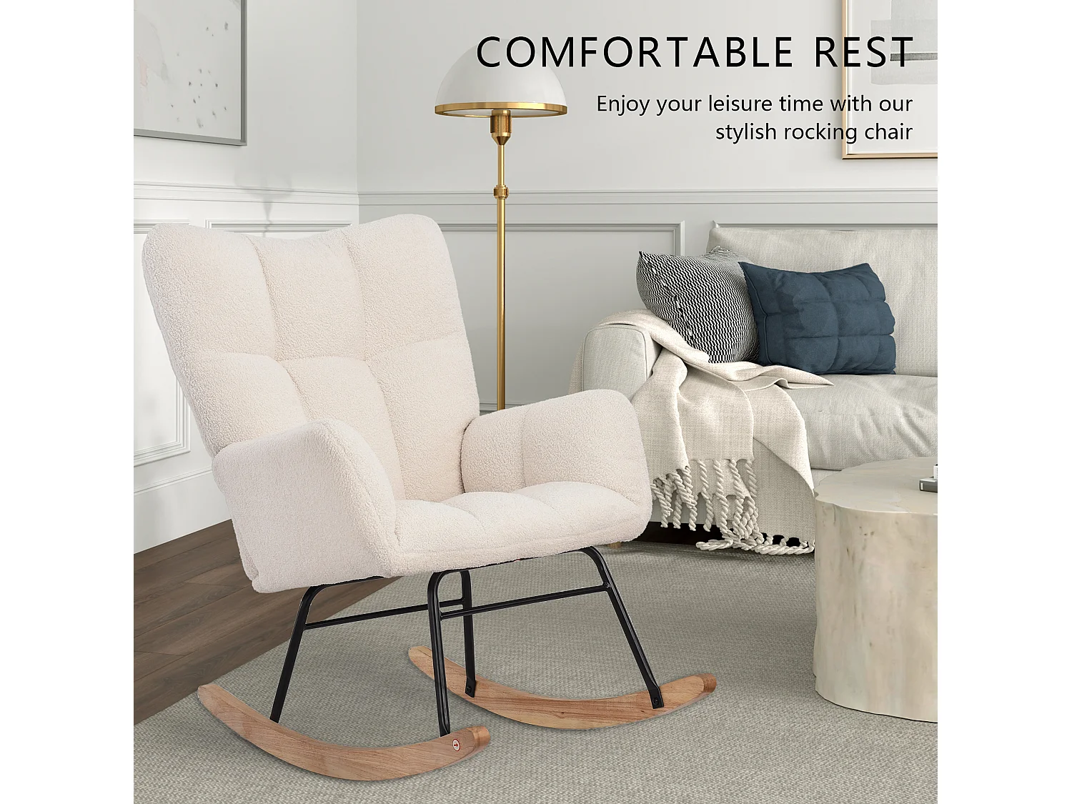 Fauteuil à bascule moderne en tissu effet laine teddy avec pieds en bois d'hévéa massif, beige