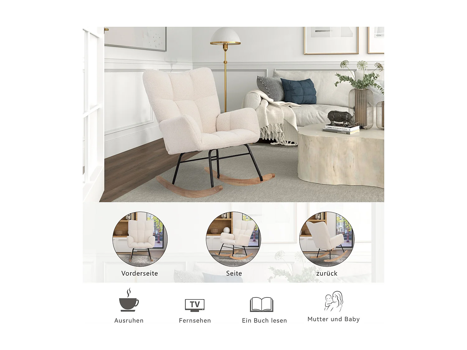 Fauteuil à bascule moderne en tissu effet laine teddy avec pieds en bois d'hévéa massif, beige