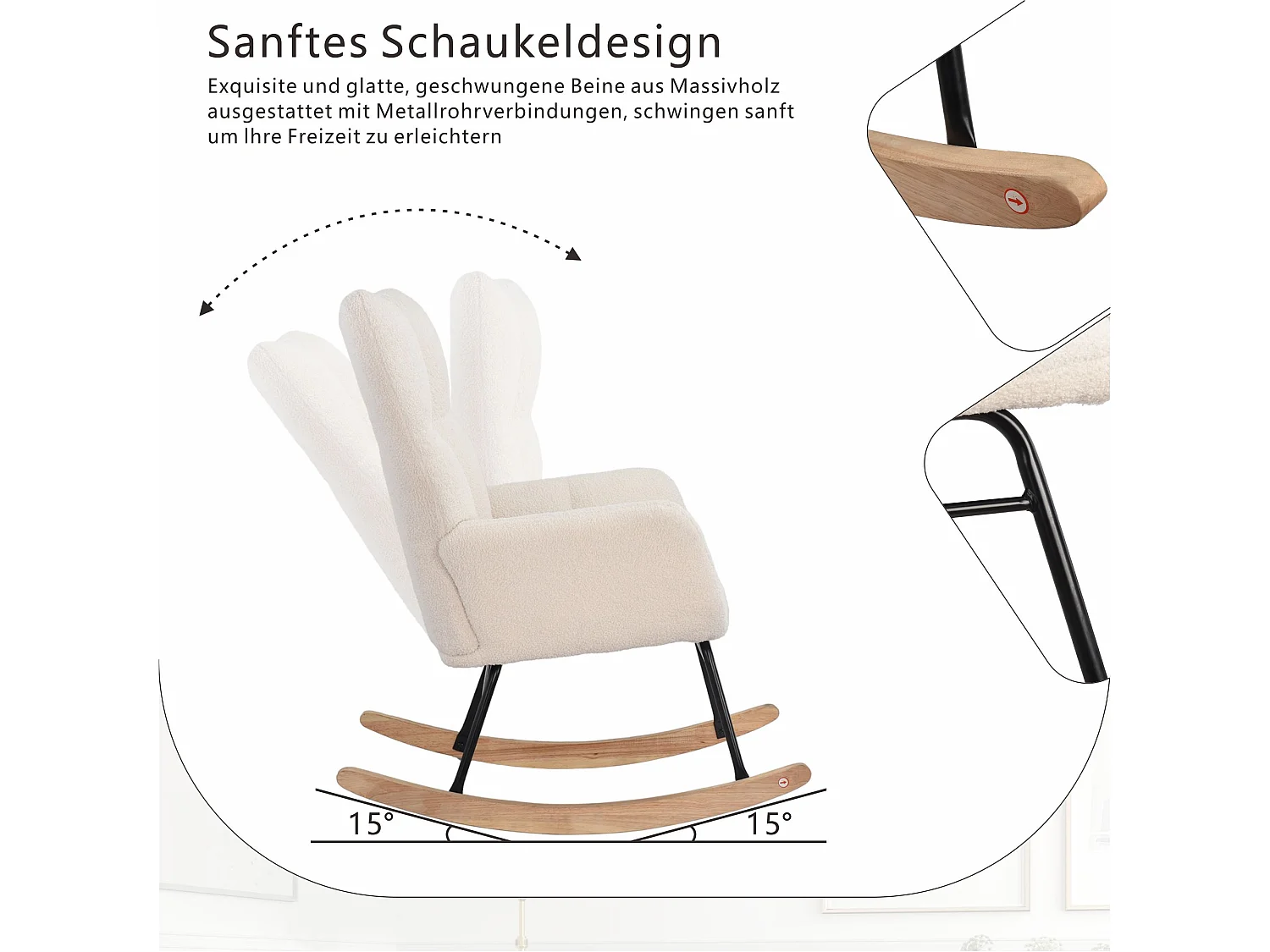 Fauteuil à bascule, en velours, avec structure en métal et base en bois, style rétro, rembourré, pour salon, Beige
