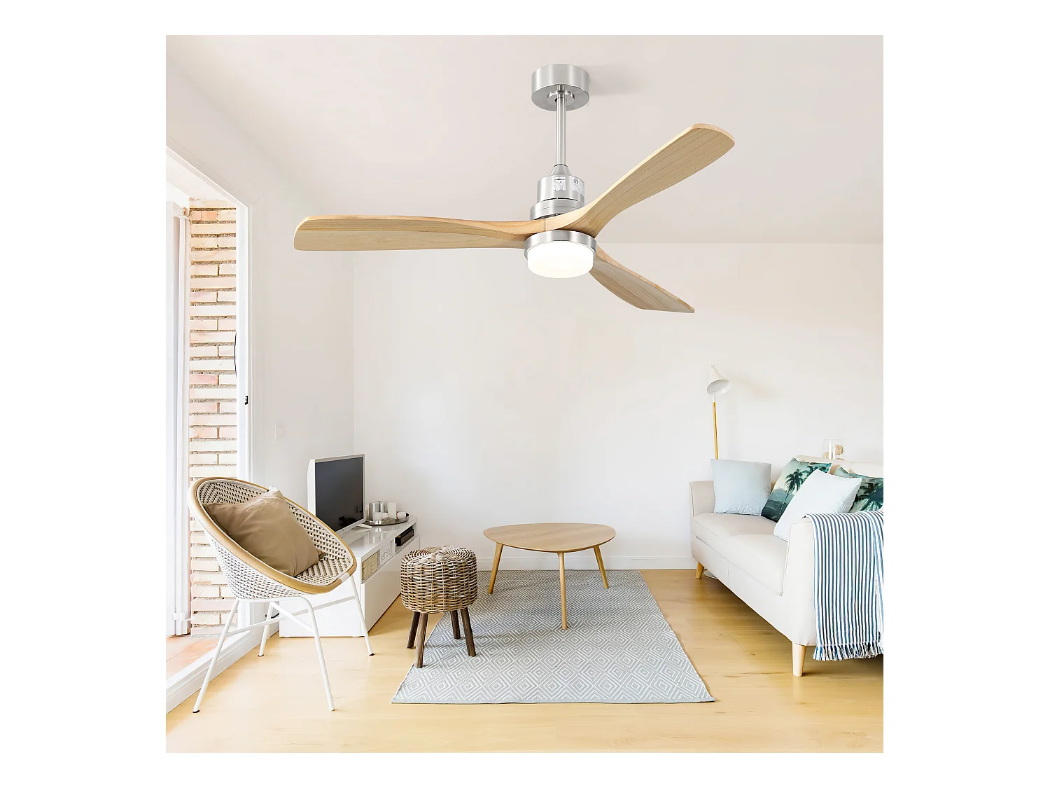 Ventilador de techo de 132 cm, 3 aspas de madera con LED, 6 velocidades y temporizador, motor CC reversible, color plateado