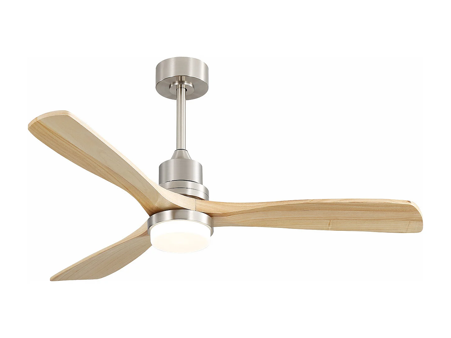 Ventilateur de plafond 132cm 3 pales en bois avec LED, 6 vitesses et timer, Moteur DC réversible, Argenté