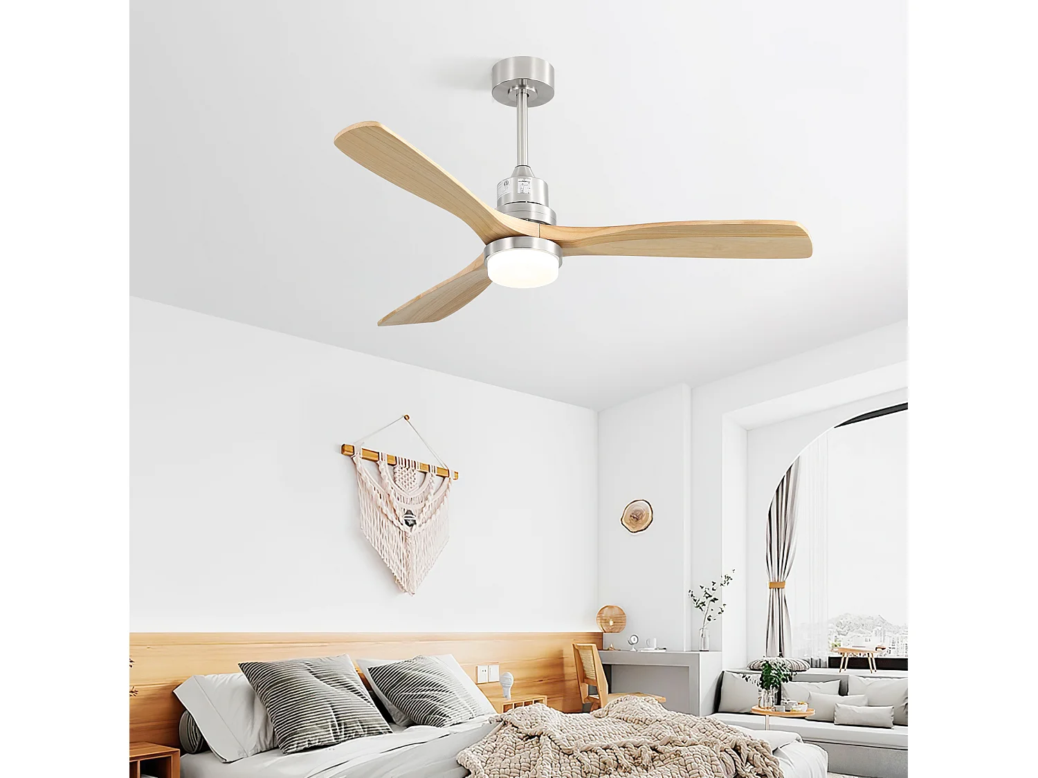 Ventilateur de plafond 132cm 3 pales en bois avec LED, 6 vitesses et timer, Moteur DC réversible, Argenté