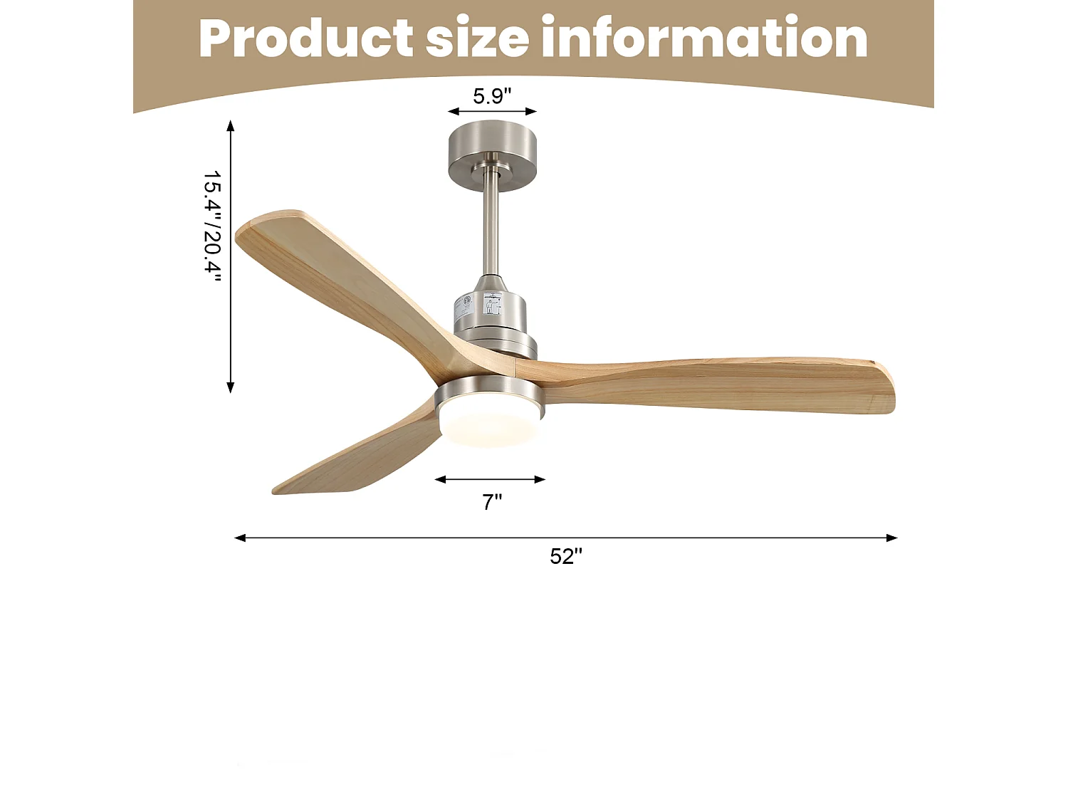 Ventilateur de plafond 132cm 3 pales en bois avec LED, 6 vitesses et timer, Moteur DC réversible, Argenté