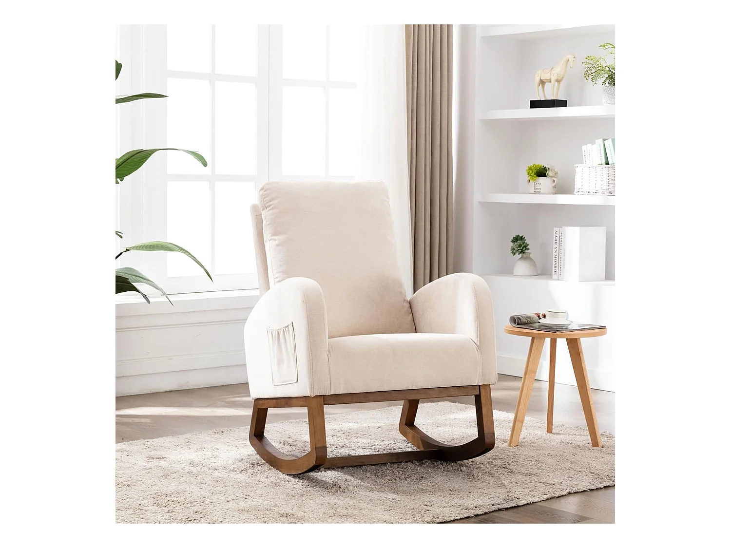 Fauteuil à Bascule avec Coussin arqué en Tissu éponge, Fauteuil Relaxant avec accoudoirs, beigei