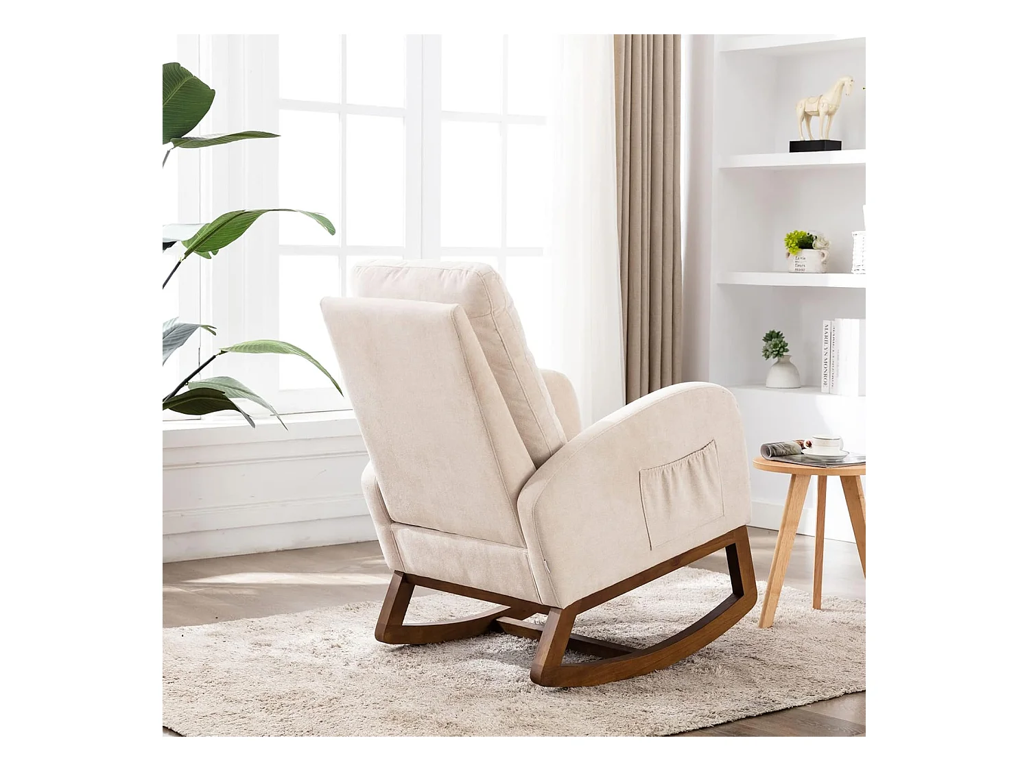 Fauteuil à Bascule avec Coussin arqué en Tissu éponge, Fauteuil Relaxant avec accoudoirs, beigei