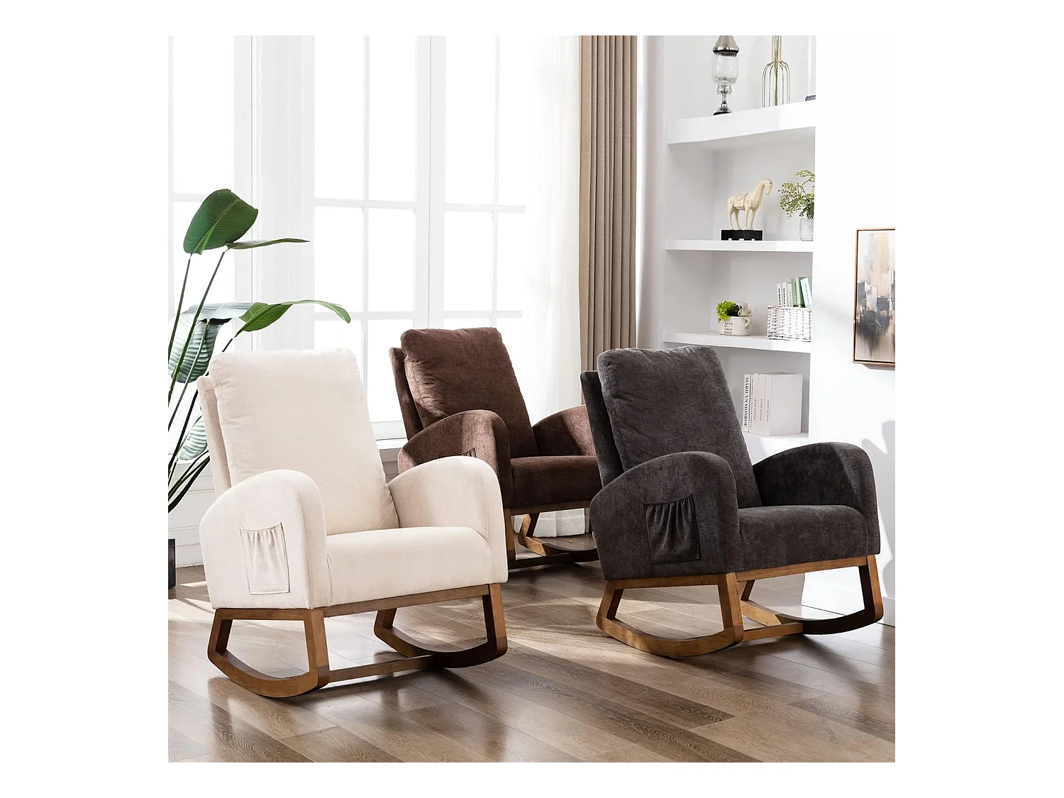 Fauteuil à Bascule avec Coussin arqué en Tissu éponge, Fauteuil Relaxant avec accoudoirs, beigei