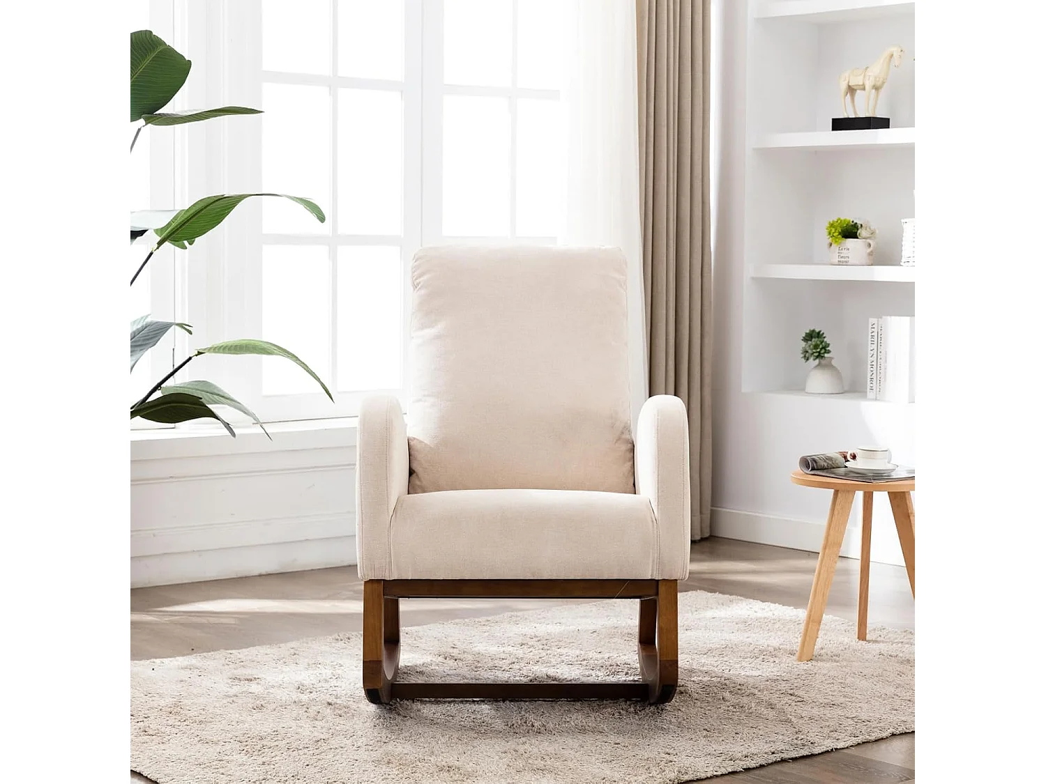 Mecedora con cojín arqueado de felpa, sillón relajante con reposabrazos, beige