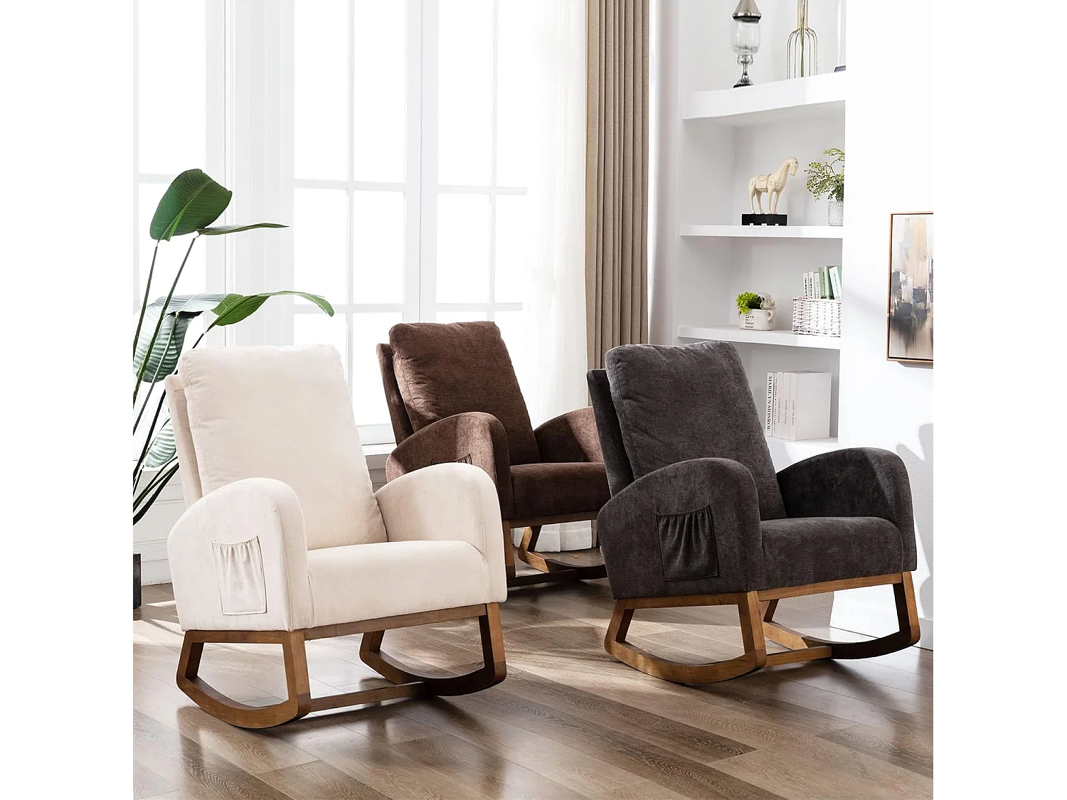 Mecedora con cojín arqueado de felpa, sillón relajante con reposabrazos, beige