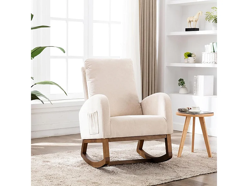Mecedora con cojín arqueado de felpa, sillón relajante con reposabrazos, beige
