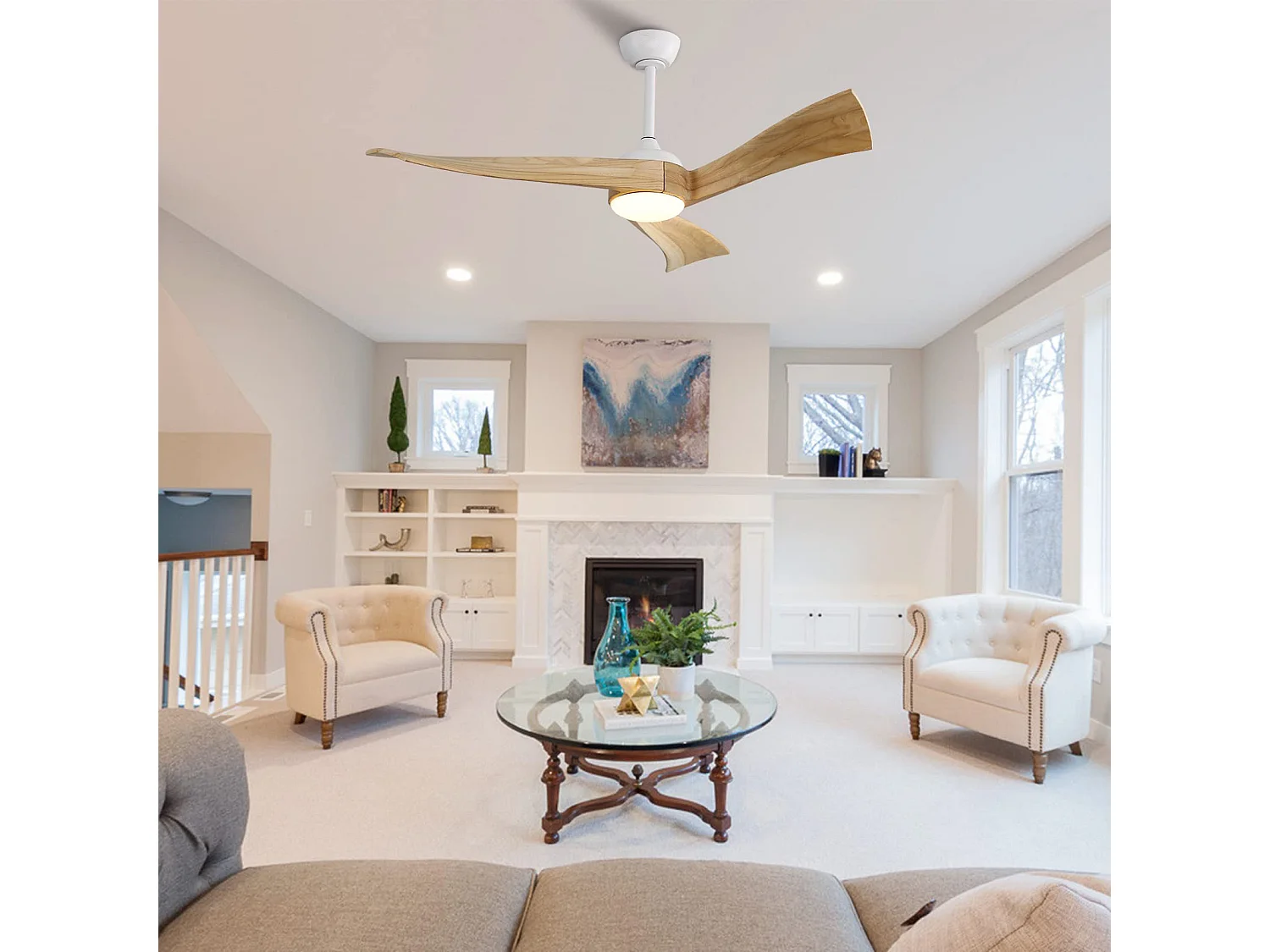 Ventilateur de plafond silencieux 132cm 3 pales en bois avec LED, 6 vitesses et timer, Moteur DC réversible, Blanc