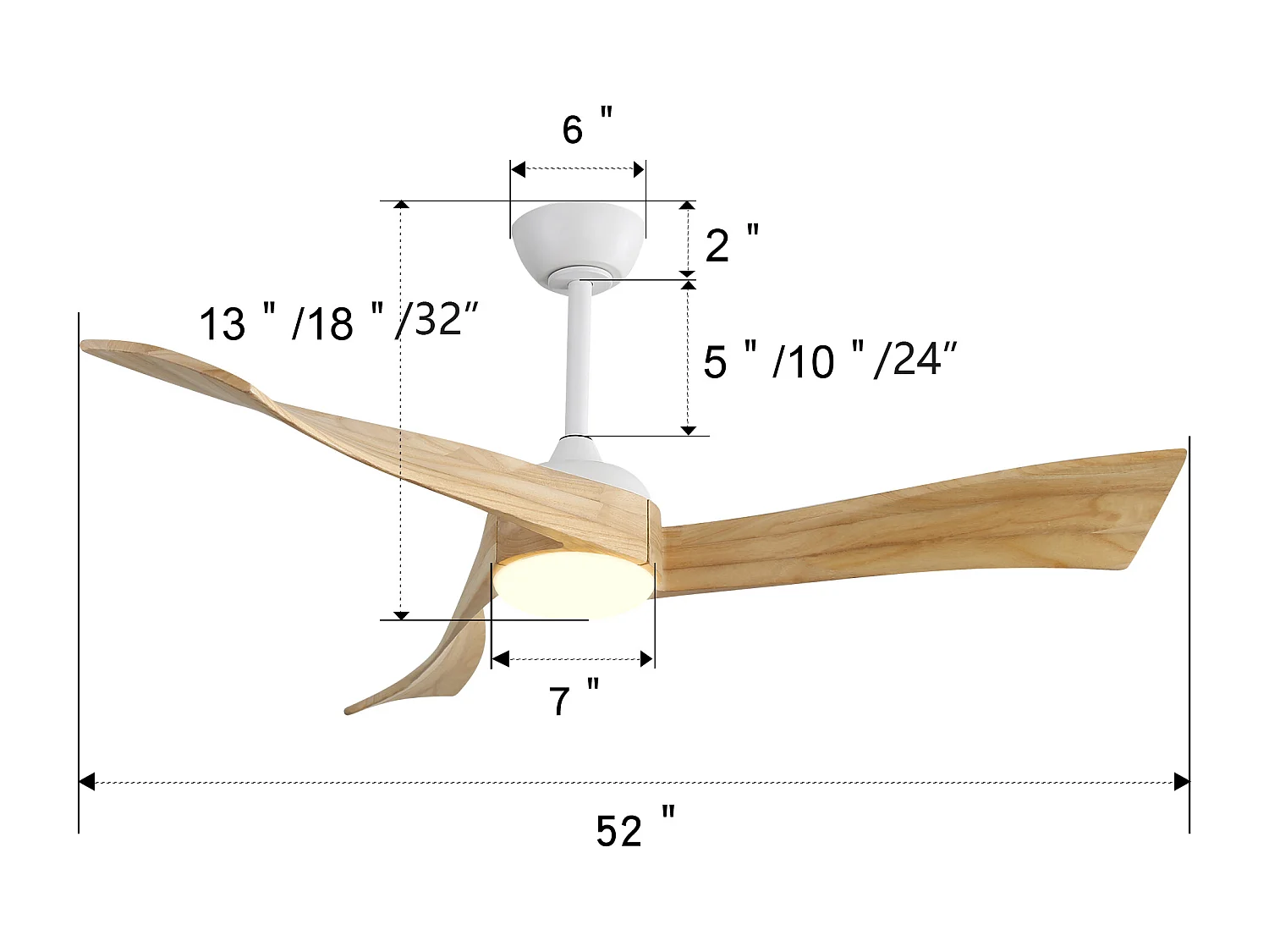 Ventilateur de plafond silencieux 132cm 3 pales en bois avec LED, 6 vitesses et timer, Moteur DC réversible, Blanc